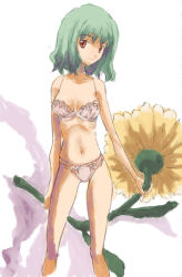 Rule 34 | 1girl, bra, breasts, female focus, flower, green hair, kazami yuuka, lace, lace-trimmed bra, lace-trimmed panties, lace trim, lingerie, panties, red eyes, ribs, skinny, small breasts, smile, solo, standing, stomach, sunflower, touhou, underwear, underwear only, yohane