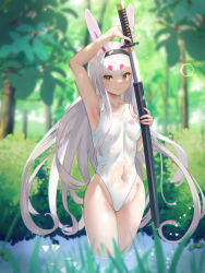 Rule 34 | 1girl, alternate costume, animal ears, arm up, armpits, azur lane, black hairband, blush, breasts, commentary request, competition swimsuit, covered navel, cowboy shot, day, drawing sword, groin, hairband, hakamaboooots, hand up, hands up, highres, holding, holding sword, holding weapon, legs together, long hair, looking at viewer, one-piece swimsuit, outdoors, rabbit ears, rabbit girl, see-through, shimakaze (azur lane), small breasts, smug, solo, standing, swimsuit, sword, very long hair, wading, weapon, wet, wet clothes, wet swimsuit, white hair, white one-piece swimsuit, yellow eyes