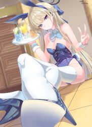 Rule 34 | 1girl, absurdres, animal ears, blonde hair, blue archive, blue eyes, blue leotard, bow, bowtie, breasts, crossed legs, detached collar, drink, fake animal ears, halo, high heels, highres, holding, holding tray, ice, leotard, long hair, looking at viewer, medium breasts, official alternate costume, playboy bunny, rabbit ears, solo, strapless, strapless leotard, sunebu (snake boo2), thighhighs, toki (blue archive), toki (bunny) (blue archive), tray, v, very long hair, white thighhighs, wrist cuffs