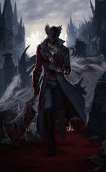 Rule 34 | 1boy, absurdres, architecture, armor, bandages, belt, black coat, black eyes, black gloves, black hat, blood, blood on clothes, bloodborne, bloody weapon, chain, chimney, cloud, cloudy sky, coat, death, distr, dripping, gloves, gothic architecture, grey hair, grey sky, hat, highres, holding, holding weapon, horns, hunter (bloodborne), looking at viewer, male focus, monster girl, one eye covered, outdoors, puddle, saw, saw cleaver, signature, sky, smoke, solo, teeth, torn, torn clothes, torn coat, vambraces, walking, weapon