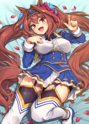Rule 34 | 1girl, :d, animal ears, blush, boots, bow, breasts, brown hair, daiwa scarlet (umamusume), fang, garter straps, gold trim, hair between eyes, hair intakes, horse ears, horse girl, horse tail, index finger raised, large breasts, long hair, long sleeves, looking at viewer, lying, on back, open mouth, petals, pointing, red eyes, shirt, skirt, smile, solo, tail, thighhighs, thighs, twintails, umamusume, uousa-ou, very long hair, white footwear, white shirt, white thighhighs