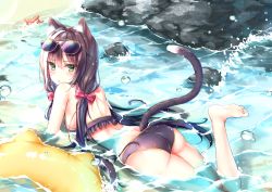 Rule 34 | 1girl, animal ear fluff, animal ears, ass, bare shoulders, beach, beliatan, bikini, black bikini, black hair, blush, bow, cat ears, cat tail, day, eyewear on head, frilled bikini, frills, glasses, green eyes, hair between eyes, highres, innertube, karyl (princess connect!), karyl (summer) (princess connect!), leg up, long hair, looking at viewer, looking back, low twintails, lying, multicolored hair, ocean, on stomach, open mouth, outdoors, partially submerged, princess connect!, red bow, solo, starfish, streaked hair, sunglasses, swim ring, swimsuit, tail, triangle mouth, twintails, water, waves, white hair