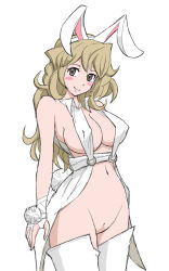 Rule 34 | 1girl, animal ears, bare shoulders, blonde hair, breasts, brown eyes, covered erect nipples, dragon quest, dragon quest iii, female focus, hair ornament, large breasts, long hair, looking at viewer, navel, no panties, rabbit ears, rabbit tail, simple background, sketch, smile40 (ogi), solo, standing, tail, thighhighs, white background, white thighhighs