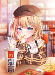 Rule 34 | 1girl, absurdres, blonde hair, blurry, blurry background, blush, brown hat, cabbie hat, cup, disposable cup, eyebrows hidden by hair, food, food in mouth, french fries, gawr gura, hair ornament, hairclip, hand on own face, hat, highres, hololive, hololive english, indoors, looking at viewer, mcdonald&#039;s, meul, pov across table, short hair, sitting, solo, sticker, virtual youtuber, watson amelia