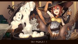 Rule 34 | 1girl, animal ears, armpits, belt, black cape, black hat, cape, cauldron, claws, d:, dragon girl, halloween, hand on headwear, hand up, hat, highres, hitokuirou, holding, jack-o&#039;-lantern, monster girl, open mouth, original, red eyes, red hair, scales, short hair, smoke, solo, solo vivace (hitokuirou), vial, witch hat