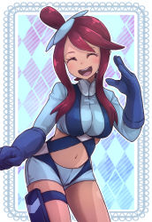 Rule 34 | 1girl, breasts, closed eyes, creatures (company), crop top, game freak, gloves, highres, kotobukkii (yt lvlv), large breasts, long hair, long sleeves, nintendo, pokemon, pokemon bw, red hair, shorts, skyla (pokemon), teeth, upper teeth only