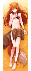 Rule 34 | 1girl, absurdres, animal ears, ankleband, anklet, ayakura juu, barefoot, bracelet, brown hair, censored, collarbone, convenient censoring, feet, flat chest, full body, hand on own chest, highres, holo, jewelry, long hair, long legs, looking at viewer, lying, navel, nude, official art, on back, photoshop (medium), pouch, red eyes, scan, smile, solo, spice and wolf, tail, toes, wheat, wolf ears, wolf girl, wolf tail, wristband