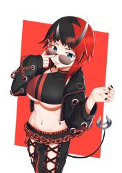 Rule 34 | 1girl, absurdres, black hair, black jacket, black nails, black pants, black sports bra, blue eyes, breasts, chain, closed mouth, commentary request, cowboy shot, cropped jacket, cross-laced pants, demon girl, demon horns, demon tail, ear chain, ear piercing, highres, horns, jacket, large breasts, looking at viewer, midriff, multicolored hair, nail polish, nakiri hout, nanashi inc., navel, open clothes, open jacket, pants, piercing, pointy ears, red background, red hair, red pants, red sports bra, ryugasaki rene, ryugasaki rene (1st costume), short hair, simple background, sleeves past wrists, smile, solo, sports bra, sugar lyric, sunglasses, tail, tongue, tongue out, two-tone hair, two-tone pants, underboob, virtual youtuber, white background, zipper