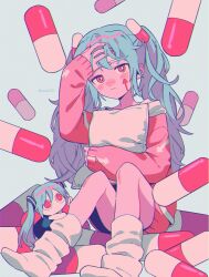 Rule 34 | 1girl, 1other, aimaina, arm up, arrow print, blue hair, bright pupils, chibi, commentary, full body, hand on own forehead, hand on own head, hatsune miku, highres, hood, hood down, hoodie, knees up, long hair, long sleeves, looking at viewer, loose socks, menma (enaic31), messy hair, hugging object, oversized object, pill, pill hair ornament, pillow, pillow hug, pink eyes, pink hoodie, sanpaku, sitting, slow motion (vocaloid), socks, spaghetti strap, toes up, twintails, twitter username, vocaloid, white pupils, white socks