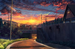 Rule 34 | absurdres, bridge, building, bush, cloud, dusk, grass, grate, highres, hill, house, lamppost, light rays, niko p, no humans, original, outdoors, power lines, railing, road, scenery, sewer grate, signature, sky, stairs, star (sky), starry sky, sun, sunbeam, sunlight, sunset, transmission tower, twitter username, utility pole
