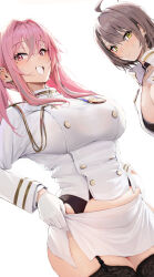 Rule 34 | 2girls, absurdres, ahoge, alternate costume, atago (azur lane) (cosplay), azur lane, baltimore (azur lane), black thighhighs, breasts, bremerton (azur lane), brown hair, chela77, closed mouth, commentary, cosplay, ear piercing, english commentary, garter belt, gloves, hair intakes, high collar, highres, large breasts, long hair, long sleeves, looking at viewer, military, military uniform, mole, mole under eye, multicolored hair, multiple girls, open mouth, piercing, pink hair, simple background, skirt, smile, streaked hair, thick thighs, thighhighs, thighs, uniform, white background, white gloves, white skirt