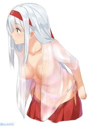 Rule 34 | 10s, 1girl, bent over, breasts, brown eyes, clothes pull, hairband, isshiki (ffmania7), japanese clothes, kantai collection, long hair, looking away, open clothes, open shirt, panties, see-through, shirt, shoukaku (kancolle), side-tie panties, silver hair, simple background, skirt, skirt pull, smile, solo, underwear, undressing, white background