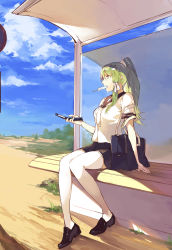 Rule 34 | 1girl, absurdres, alternate costume, alternate hairstyle, bag, bench, bus stop, cellphone, cloud, day, duoyuanjun, food, frog hair ornament, full body, green hair, hair ornament, hair ribbon, highres, holding, kochiya sanae, loafers, long hair, mouth hold, outdoors, phone, ponytail, popsicle, profile, ribbon, school bag, school uniform, serafuku, shirt, shoes, sitting, skirt, solo, thighhighs, touhou, white thighhighs, yellow eyes