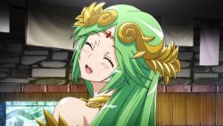 Rule 34 | 1girl, :d, bare shoulders, blush, choker, closed eyes, from behind, green hair, head tilt, jewelry, kid icarus, kid icarus uprising, long hair, looking back, neck ring, necklace, nintendo, open mouth, palutena, parted bangs, screencap, shaft (company), shaft look, smile, solo, swept bangs, tiara