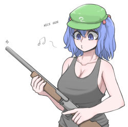 Rule 34 | 1girl, beamed eighth notes, black undershirt, blue eyes, blue hair, breasts, cleavage, collarbone, commentary, english commentary, english text, flat cap, green hat, gun, hair between eyes, hair bobbles, hair ornament, hat, highres, holding, holding weapon, kawashiro nitori, large breasts, mata (matasoup), medium hair, musical note, o3o, shotgun, sideboob, solo, sparkle, touhou, trigger discipline, undershirt, weapon, whistling