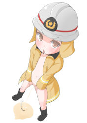 Rule 34 | 1girl, angry, black footwear, blush, boots, brown eyes, brown hair, cigarette, collarbone, fire helmet, firefighter, firefighter jacket, flat chest, grey headwear, helmet, jacket, long sleeves, looking at viewer, naked jacket, navel, open clothes, open jacket, open mouth, peeing, puddle, pussy, short hair, smoke, standing, uncensored, white background, yellow jacket, youta (asatsukidou)