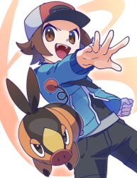 Rule 34 | 1boy, baseball cap, black eyes, black pants, brown background, brown eyes, brown hair, commentary request, cowboy shot, creatures (company), game freak, gen 5 pokemon, hat, highres, hilbert (pokemon), nintendo, omochi (omotimotittona3), open mouth, outstretched arm, pants, pig, poke ball print, pokemon, pokemon (creature), pokemon bw, short hair, smile, snout, tail, teeth, tepig, two-tone background, upper teeth only, white background