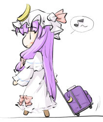 Rule 34 | 1girl, bad id, bad pixiv id, bow, crescent, dress, female focus, from side, hair bow, hat, hat bow, long hair, lowres, musical note, natsuki (silent selena), patchouli knowledge, pulling, purple hair, smile, solo, spoken musical note, suitcase, touhou, walking, | |