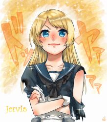 Rule 34 | 1girl, black necktie, blonde hair, blue eyes, blue sailor collar, blush, character name, crossed arms, doyagao, dress, gloves, gunbuster pose, highres, jervis (kancolle), kantai collection, long hair, looking at viewer, neckerchief, necktie, oeoeuhoho, sailor collar, sailor dress, short sleeves, simple background, smug, solo, sparkle, straight-on, torn clothes, torn dress, torn gloves, upper body, white gloves