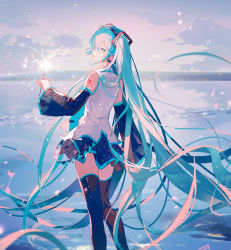 Rule 34 | 1girl, arm at side, bare shoulders, beach, black skirt, blue eyes, blue hair, boots, cloud, day, detached sleeves, feet out of frame, fireworks, hatsune miku, highres, holding, horizon, lirseven, long hair, long sleeves, miniskirt, number tattoo, open mouth, outdoors, shirt, shoulder tattoo, skirt, solo, sparkler, standing, tattoo, thigh boots, thighhighs, twintails, very long hair, vocaloid, white shirt, wide sleeves, zettai ryouiki