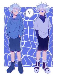 Rule 34 | 2boys, aged down, blue background, blue eyes, blue footwear, blue hoodie, blue shorts, closed mouth, commentary request, crossover, full body, gojou satoru, grey shirt, grid background, hands in pockets, hood, hood down, hoodie, hunter x hunter, jujutsu kaisen, killua zoldyck, long sleeves, looking at another, male focus, multiple boys, purple footwear, shared speech bubble, shirt, shoes, short hair, shorts, speech bubble, standing, t ei to, white hair