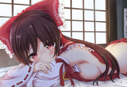 Rule 34 | 1girl, ass, bare shoulders, blush, bow, breast press, breasts, brown hair, butt crack, detached sleeves, female focus, hair bow, hair tubes, hakurei reimu, highres, large breasts, long hair, looking at viewer, lying, no bra, on stomach, red eyes, sideboob, solo, sweat, tenchou no matsumoto, touhou