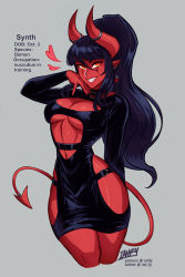 Rule 34 | 1girl, artist name, black hair, breasts, character name, colored skin, commentary, demon girl, demon horns, demon tail, dress, earrings, english commentary, english text, grey background, hair between eyes, heart, highres, horn ornament, horns, iahfy, jewelry, long hair, long sleeves, looking at viewer, medium breasts, orange eyes, original, parted lips, patreon username, pointy ears, ponytail, red skin, simple background, slit pupils, smile, solo, synth (iahfy), tail, tail ornament, teeth, twitter username, watermark