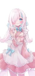 Rule 34 | 1girl, absurdres, apron, blue eyes, blush, closed mouth, clothing cutout, dress, hair over one eye, hand gesture, highres, ilu fluor, ilu fluor (artist), indie virtual youtuber, long bangs, maid, maid apron, mole, mole under eye, pink dress, pink hair, pink sleeves, shoulder cutout, simple background, virtual youtuber