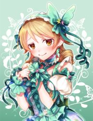 Rule 34 | 1girl, bare shoulders, blonde hair, blush, bodice, bow, bug, butterfly, butterfly hair ornament, choker, closed mouth, collarbone, cross-laced clothes, detached sleeves, diamond earrings, drill hair, earrings, frilled hairband, frills, gradient background, green background, green bow, green choker, green ribbon, hair bow, hair ornament, hair ribbon, hairband, holding, holding microphone, idolmaster, idolmaster cinderella girls, insect, jewelry, jitome, looking at viewer, medium hair, microphone, morikubo nono, musical note, nervous, plant, puffy detached sleeves, puffy sleeves, ribbon, ruku (ruku 5050), short sleeves, smile, solo, spaghetti strap, sparkle, upper body, wavy mouth, wrist cuffs, yellow eyes