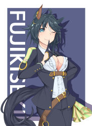 Rule 34 | 1girl, absurdres, animal ears, ashikaga ryuunosuke, belt, black gloves, black hair, black jacket, black necktie, black pants, blue eyes, border, breasts, brown belt, center opening, cleavage, collared shirt, commentary request, cowboy shot, ear ornament, ear piercing, frilled shirt, frills, fuji kiseki (umamusume), gloves, highres, horse ears, horse girl, index finger raised, jacket, large breasts, long sleeves, looking at viewer, multicolored hair, necktie, no bra, one eye closed, open clothes, open jacket, outside border, outstretched hand, pants, parted lips, petals, piercing, purple background, shadow, shirt, short hair, simple background, smile, solo, streaked hair, umamusume, white border, white hair, white shirt