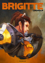 Rule 34 | 1girl, absurdres, armor, artist name, brigitte (overwatch), brown hair, character name, freckles, from side, highres, looking to the side, monori rogue, over shoulder, overwatch, overwatch 1, ponytail, solo, upper body, weapon, weapon over shoulder