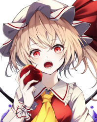 Rule 34 | 1girl, apple, ascot, blonde hair, crystal wings, fangs, flandre scarlet, food, fruit, hat, hat ribbon, highres, holding, holding food, holding fruit, looking at viewer, mob cap, open mouth, portrait, red apple, red eyes, red vest, ribbon, shirt, short hair, short sleeves, simple background, solo, touhou, vest, white background, white shirt, wrist cuffs, yamanakaume, yellow ascot