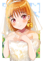 Rule 34 | 1girl, absurdres, artist name, artist request, bare shoulders, blush, bow, braid, breasts, close-up, clover hair ornament, collarbone, dress, earrings, female focus, food-themed earrings, food themed earrings, hair bow, hair ornament, highres, index fingers together, jewelry, looking at viewer, love live!, love live! sunshine!!, nail, nail polish, necklace, orange earrings, orange hair, orange nails, parted lips, pearl necklace, puffy short sleeves, puffy sleeves, red eyes, short hair, short sleeves, side braid, single braid, smile, solo, sunya (honorin-yuunibo), sunya (honorin megumin), sunya (pixiv17390904), takami chika, tiara, upper body, wedding dress, white dress, yellow bow