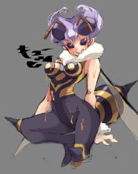 Rule 34 | 1girl, antennae, arthropod girl, bare shoulders, bee, bee girl, bug, capcom, grey background, honey, insect, insect girl, insect wings, iroyopon, monster girl, pantyhose, purple hair, q-bee, sexually suggestive, short hair, simple background, solid eyes, solo, vampire (game), wings