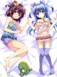 Rule 34 | 10s, 2girls, absurdres, barefoot, bed, blue eyes, blue hair, camisole, dakimakura (medium), feet, full body, highres, holding hands, komiya nonoka, long hair, looking at viewer, lying, multiple girls, navel, no shoes, noel (sora no method), official art, on back, on side, one side up, open mouth, purple eyes, qp:flapper, ribbon, short shorts, shorts, side ponytail, smile, sora no method, stuffed toy, thighhighs, twintails, two side up