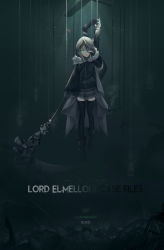 Rule 34 | 1girl, absurdres, artist name, black thighhighs, chain, cloak, commentary request, copyright name, dark, fate (series), fur trim, gray (fate), green eyes, grey hair, grey skirt, hair between eyes, highres, holding, holding scythe, hood, hood up, long sleeves, looking at viewer, lord el-melloi ii case files, restrained, scythe, shi qi kuang beng, short hair, skirt, solo, thighhighs