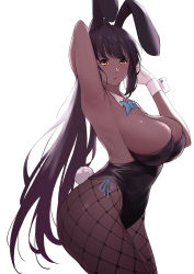 Rule 34 | 1girl, absurdres, animal ears, armpits, bare shoulders, black hair, black leotard, blue archive, blue bow, bow, bowtie, breasts, cleavage, closed mouth, commentary request, cowboy shot, curvy, dark-skinned female, dark skin, detached collar, earrings, fake animal ears, fishnet pantyhose, fishnets, gloves, high ponytail, highres, jewelry, karin (blue archive), karin (bunny) (blue archive), large breasts, leotard, long hair, looking at viewer, omenion, pantyhose, playboy bunny, rabbit ears, rabbit tail, shiny clothes, shiny skin, sidelocks, solo, strapless, strapless leotard, tail, traditional bowtie, very long hair, white background, white gloves, wide hips, wrist cuffs, yellow eyes