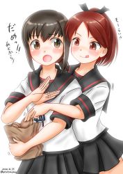 Rule 34 | 2girls, afterimage, bag, black hair, black sailor collar, black skirt, bread, brown eyes, brown hair, commentary request, cowboy shot, dated, food, food theft, fubuki (kancolle), highres, kantai collection, long hair, low ponytail, multiple girls, one-hour drawing challenge, paper bag, pleated skirt, ponytail, sailor collar, school uniform, serafuku, shikinami (kancolle), short hair, short ponytail, sidelocks, simple background, skirt, tongue, tongue out, twitter username, ura tomomi, white background