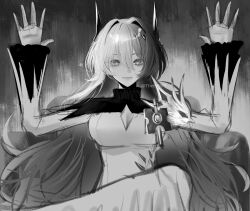 Rule 34 | 1girl, absolute cinema (meme), arknights, commentary, dress, english commentary, greyscale, hair intakes, highres, horns, long hair, long sleeves, looking at viewer, meme, monochrome, open hand, smile, solo, thehprm, theresa (arknights), twitter username, very long hair