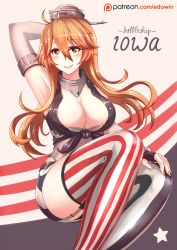 Rule 34 | 10s, 1girl, arm up, armpits, bare shoulders, blonde hair, blue eyes, blush, breasts, brown hair, character name, cleavage, curvy, edwin (cyberdark impacts), elbow gloves, fingerless gloves, front-tie top, garter straps, gloves, hair between eyes, headgear, iowa (kancolle), kantai collection, large breasts, long hair, miniskirt, patreon, patreon username, sitting, skirt, smile, solo, star (symbol), striped clothes, striped skirt, striped thighhighs, thighhighs, vertical-striped clothes, vertical-striped skirt, vertical-striped thighhighs, watermark, web address, wide hips