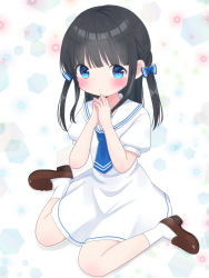 Rule 34 | 1girl, absurdres, black hair, blue eyes, blunt bangs, blush, bow, dress, hair bow, hands up, highres, loafers, long hair, looking at viewer, neckerchief, nekomura yuyuko, original, own hands together, sailor dress, shoes, sitting, socks, solo, two side up, wariza