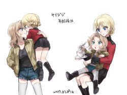 Rule 34 | 10s, 2017, 2girls, age difference, aged down, black shirt, blonde hair, blouse, blue eyes, blush, bomber jacket, boots, braid, cup, darjeeling (girls und panzer), dated, denim, denim shorts, girls und panzer, hand in pocket, invisible chair, jacket, kay (girls und panzer), lifting person, miniskirt, multiple girls, saucer, shirt, short shorts, shorts, simple background, sitting, sketch, skirt, smile, soramame (corndog), spread legs, standing, tank top, teacup, thighhighs, translation request, twin braids, uniform, white background, white legwear