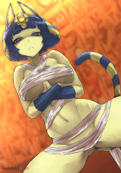 Rule 34 | 1girl, animal crossing, animal ears, ankha (animal crossing), ankha zone (meme), bandages, blonde hair, blue hair, blurry, bob cut, breasts, cat ears, cat girl, cat tail, colored skin, crossed arms, depth of field, frown, haraya manawari, large breasts, multicolored hair, navel, nintendo, revealing clothes, solo, spread legs, streaked hair, striped tail, tail, two-tone hair, yellow skin