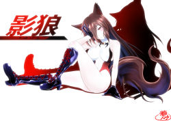 Rule 34 | 1girl, alternate costume, animal ears, black footwear, black gloves, blush, boots, breasts, brown hair, cross-laced footwear, gloves, hair over one eye, highres, imaizumi kagerou, jewelry, knee boots, lace-up boots, large breasts, long hair, looking at viewer, race queen, red eyes, ryuu tou, simple background, sitting, solo, tail, touhou, white background, wolf ears, wolf tail