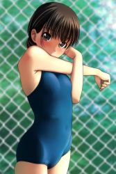 Rule 34 | 1girl, absurdres, arm across chest, bare arms, bare shoulders, black hair, blue one-piece swimsuit, blurry, blurry background, blush, breasts, brown eyes, chain-link fence, covered mouth, covered navel, cowboy shot, day, depth of field, fence, hand up, highres, matsunaga kouyou, nose blush, one-piece swimsuit, original, outdoors, school swimsuit, small breasts, solo, stretching, swimsuit