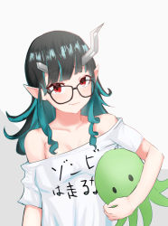 Rule 34 | 1girl, nanashi inc., alternate costume, bespectacled, black-framed eyewear, black hair, blue hair, blunt bangs, blush, breasts, closed mouth, clothes writing, commentary request, demon girl, demon horns, food, food art, glasses, highres, horns, long hair, looking at viewer, multicolored hair, pointy ears, red eyes, shirt, shishio chris, small breasts, smile, solo, solokitsune, sugar lyric, tako-san wiener, two-tone hair, upper body, virtual youtuber, wavy mouth, white shirt