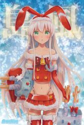Rule 34 | 10s, 1girl, :3, alternate costume, anchor, artist name, bare shoulders, bell, blonde hair, blue background, blush, carrying, character name, christmas, elbow gloves, gloves, green eyes, hat, highleg, kantai collection, long hair, looking at viewer, mayo riyo, navel, personification, red gloves, rensouhou-chan, santa costume, shimakaze (kancolle), skirt, star (symbol), starry background, thighhighs, traditional media, zettai ryouiki