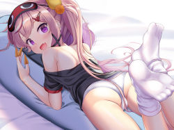 Rule 34 | 1girl, :d, ass, azur lane, bare shoulders, bed sheet, black shirt, blush, bugles (food), commentary request, convenient censoring, duplicate, fang, feet, food on hand, hair ornament, hairclip, highres, legs up, long hair, looking at viewer, looking back, mask, mask on head, niiya, off shoulder, open mouth, panties, photoshop (medium), pink hair, purple eyes, shirt, short sleeves, sleep mask, smile, socks, soles, solo, twintails, underwear, very long hair, white panties, white socks, z26 (azur lane), z26 (sharing is caring) (azur lane)