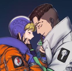 Rule 34 | 1boy, 1girl, apex legends, bailian, black gloves, black hair, blonde hair, blush, closed eyes, couple, crypto (apex legends), freckles, from side, gloves, hand on another&#039;s face, heads together, hetero, hood, hooded jacket, jacket, open mouth, orange jacket, partially fingerless gloves, smile, wattson (apex legends), white jacket