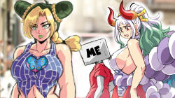Rule 34 | 1other, 2girls, aqua hair, arms at sides, artist self-insert, bare arms, bare shoulders, blonde hair, blurry, blurry foreground, braid, breasts, brown eyes, closed mouth, commentary, cone hair bun, crossover, curled horns, d:, day, distracted boyfriend (meme), double bun, english commentary, eyes visible through hair, furrowed brow, green eyes, green hair, green lips, hair bun, hair ornament, hair stick, hakama, halterneck, height difference, highres, horns, huge breasts, japanese clothes, jojo no kimyou na bouken, kimono, kuujou jolyne, large breasts, lewdamone, lips, long hair, looking at another, meme, multicolored hair, multicolored horns, multiple girls, one piece, oni, open mouth, outdoors, ponytail, red horns, rope, shimenawa, shirt, short hair, sideboob, sleeveless, sleeveless kimono, stone ocean, sweat, tall female, two-tone hair, upper body, very long hair, white hair, yamato (one piece), yellow horns